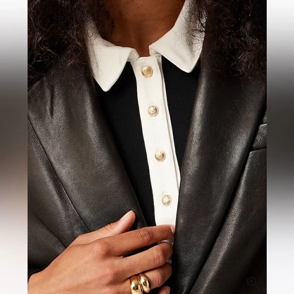 NWT J CREW Refined rib long-sleeve polo shirt in black and white